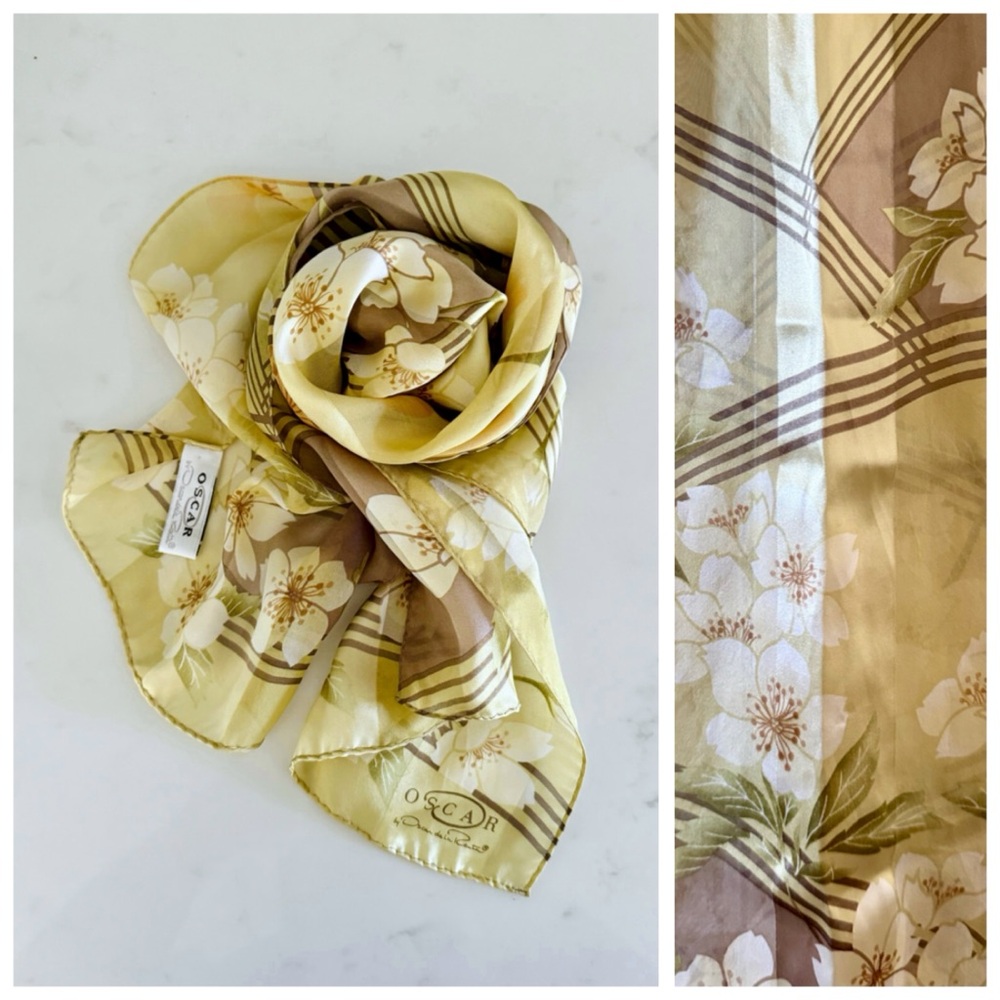 Oscar de la Renta Golden Cherry Blossom Silk Sateen Scarf, Rectangular (Oblong)